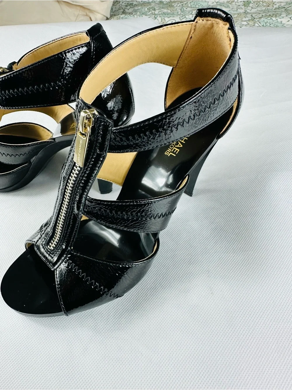 MICHAEL Michael Kors Black Patent Leather T-Strap Zip High Heels